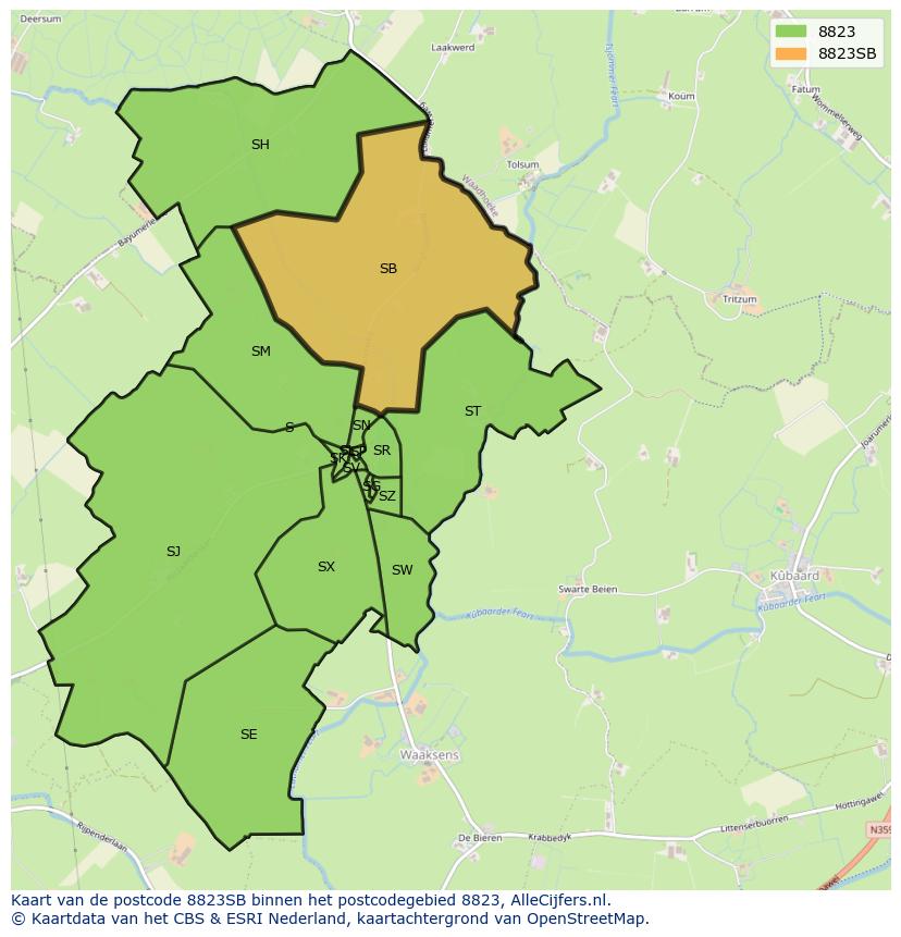 Afbeelding van het postcodegebied 8823 SB op de kaart.