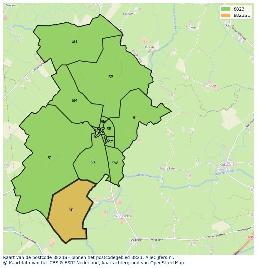 Afbeelding van het postcodegebied 8823 SE op de kaart.