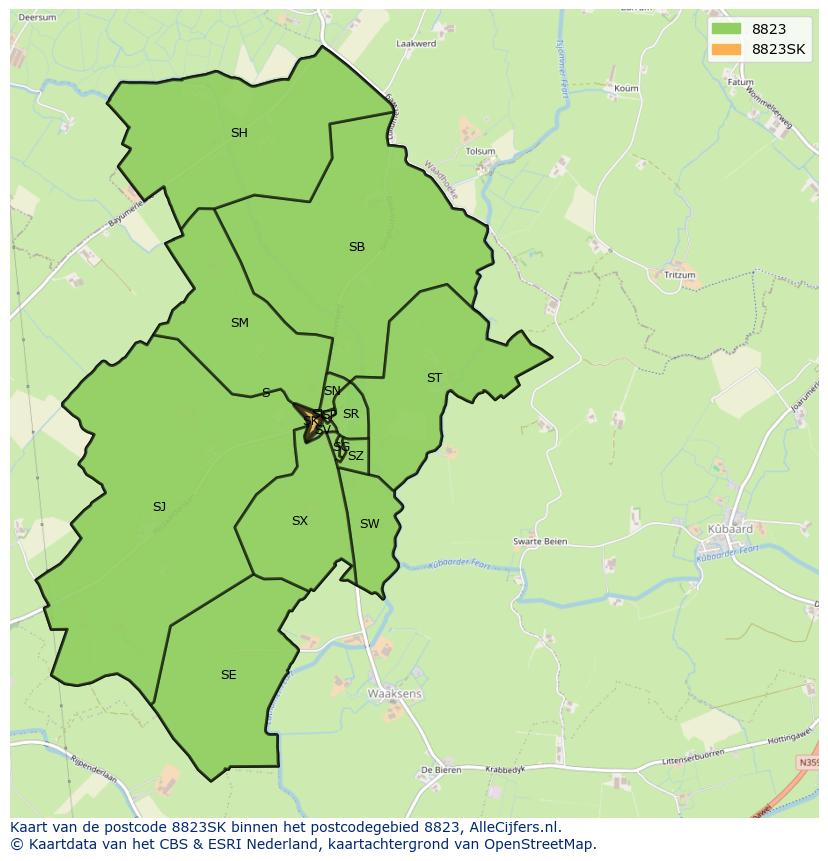 Afbeelding van het postcodegebied 8823 SK op de kaart.