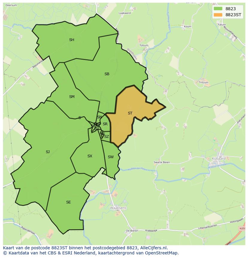 Afbeelding van het postcodegebied 8823 ST op de kaart.