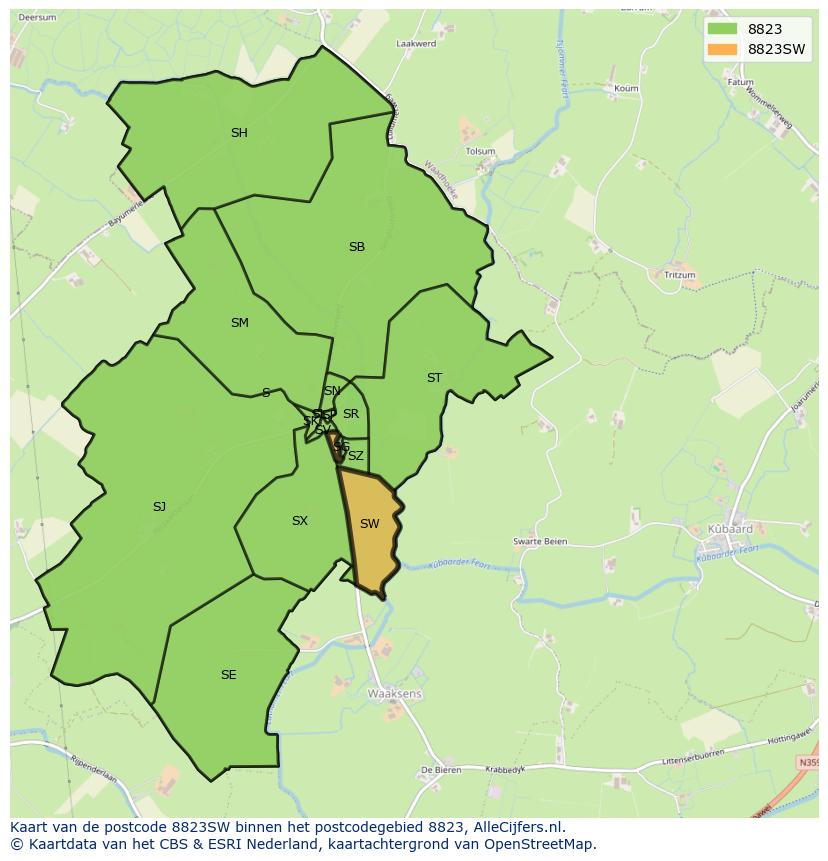 Afbeelding van het postcodegebied 8823 SW op de kaart.