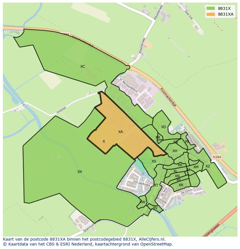 Afbeelding van het postcodegebied 8831 XA op de kaart.