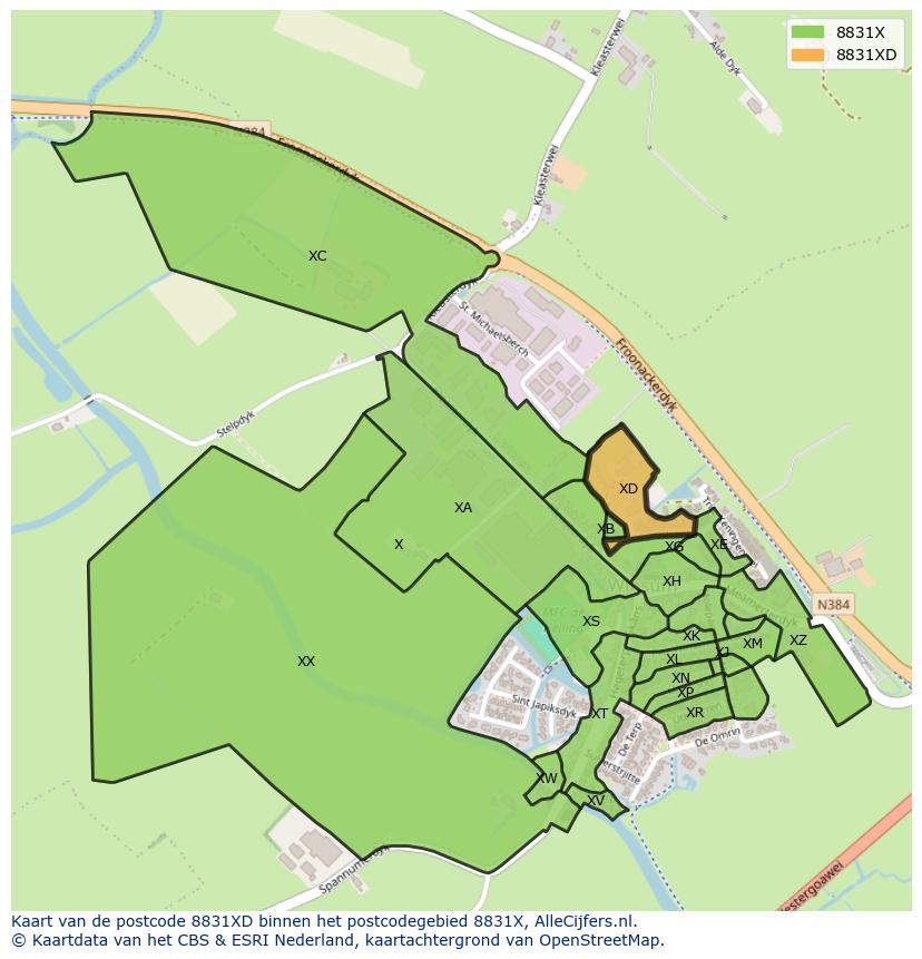 Afbeelding van het postcodegebied 8831 XD op de kaart.