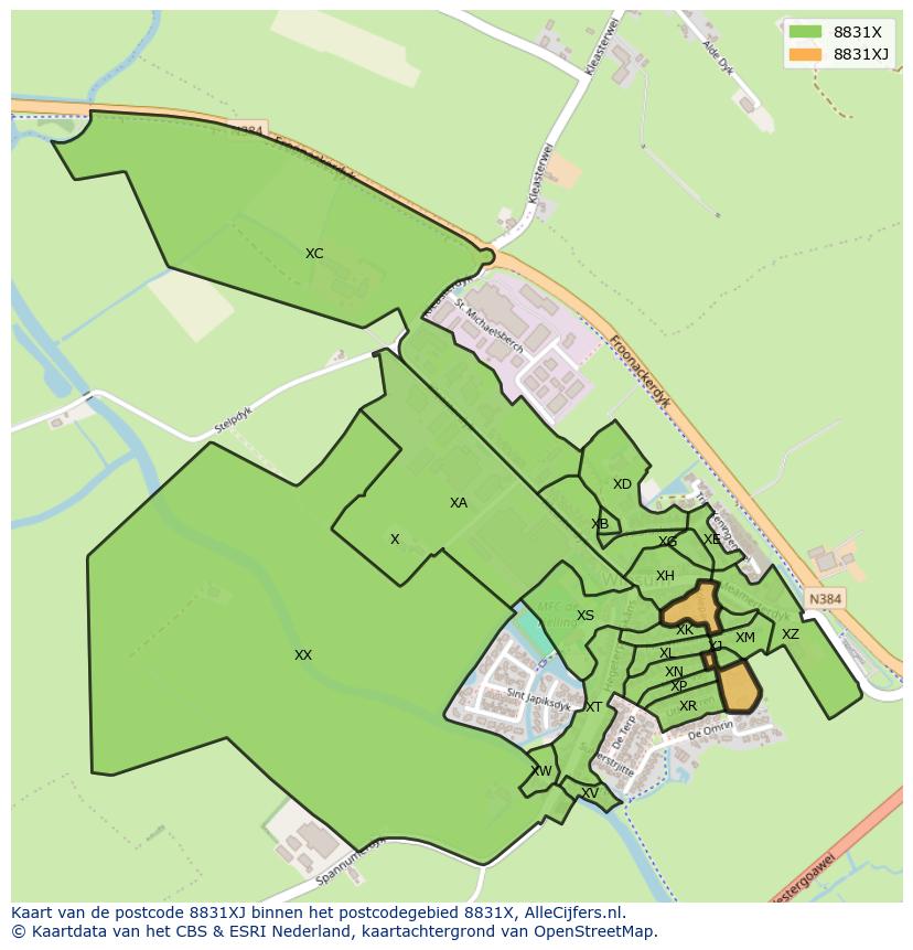 Afbeelding van het postcodegebied 8831 XJ op de kaart.