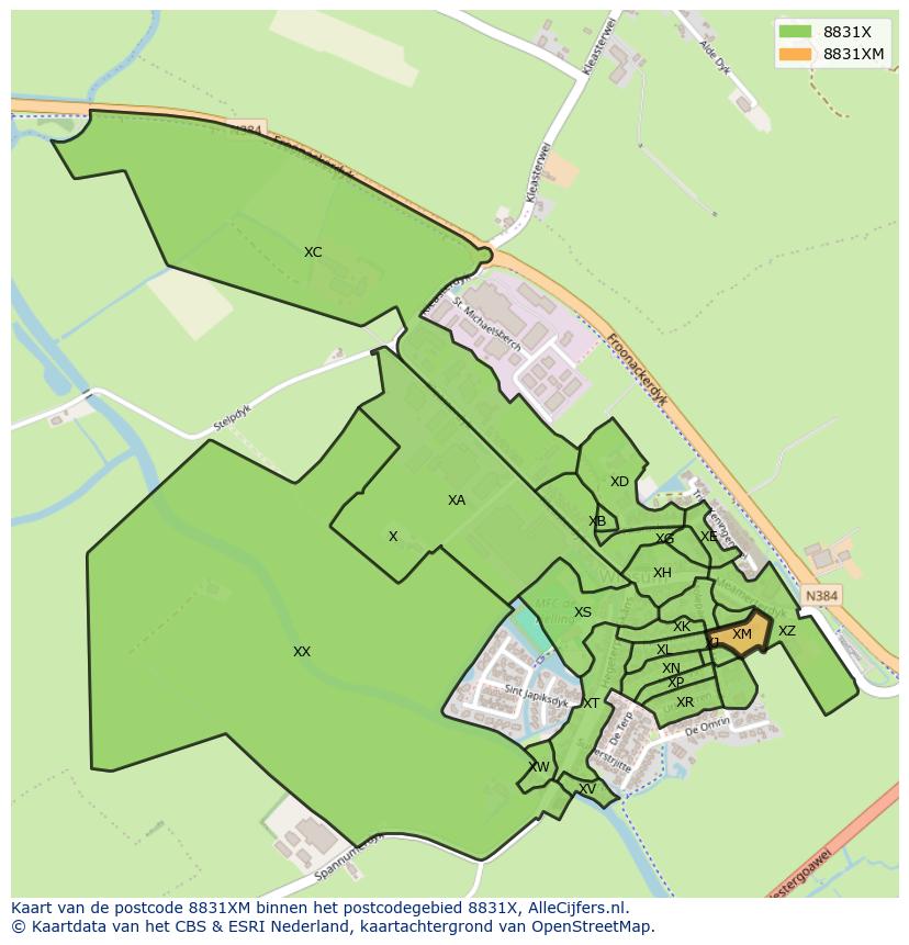 Afbeelding van het postcodegebied 8831 XM op de kaart.
