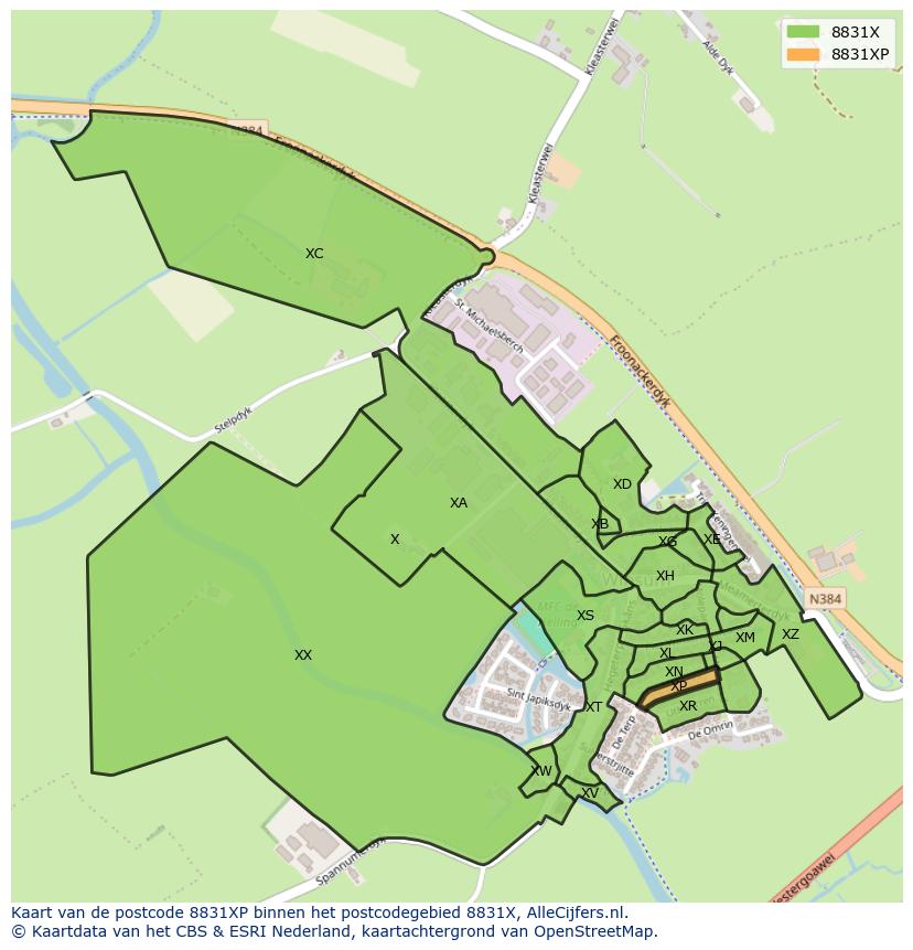 Afbeelding van het postcodegebied 8831 XP op de kaart.