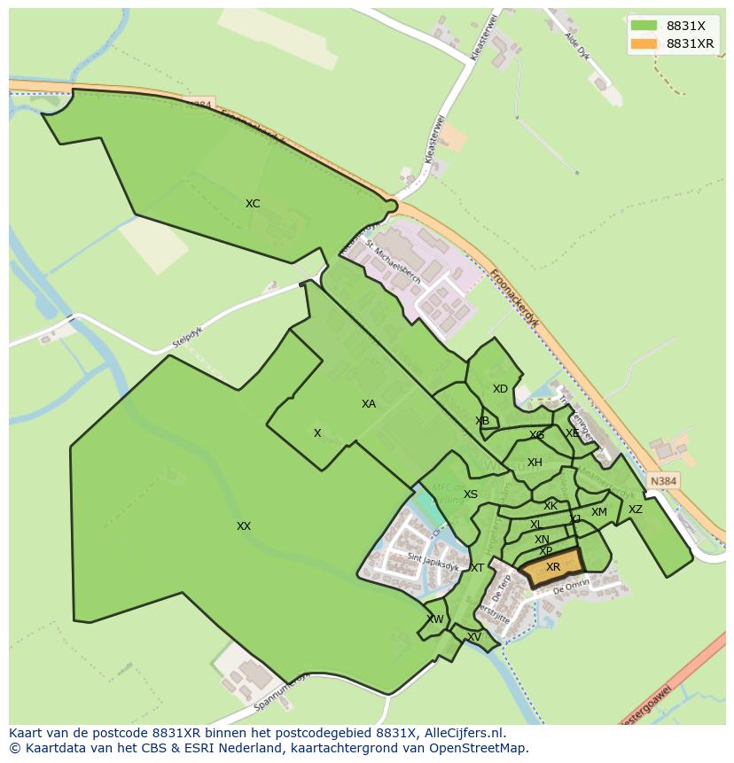 Afbeelding van het postcodegebied 8831 XR op de kaart.
