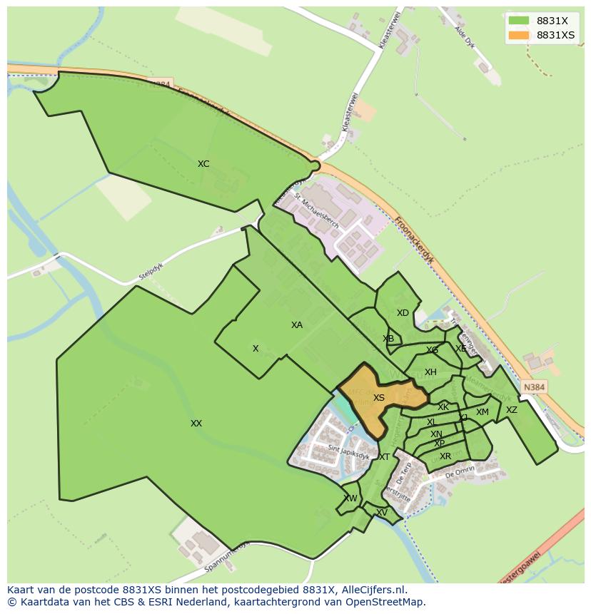 Afbeelding van het postcodegebied 8831 XS op de kaart.