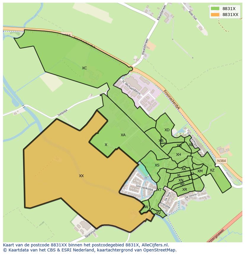 Afbeelding van het postcodegebied 8831 XX op de kaart.