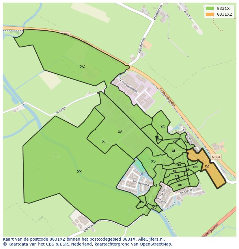 Afbeelding van het postcodegebied 8831 XZ op de kaart.