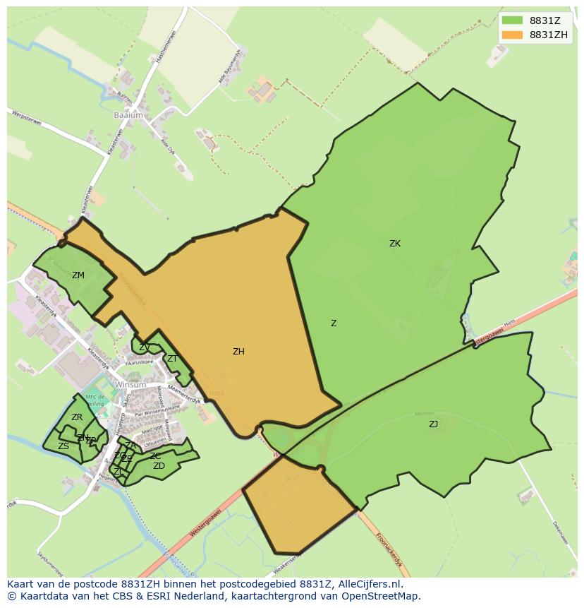 Afbeelding van het postcodegebied 8831 ZH op de kaart.