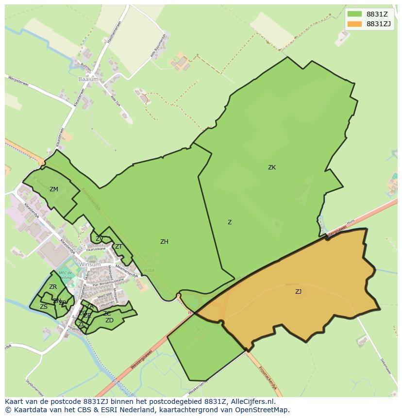Afbeelding van het postcodegebied 8831 ZJ op de kaart.
