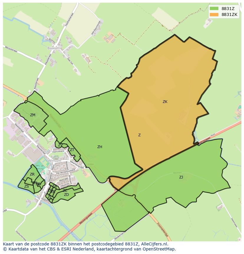 Afbeelding van het postcodegebied 8831 ZK op de kaart.