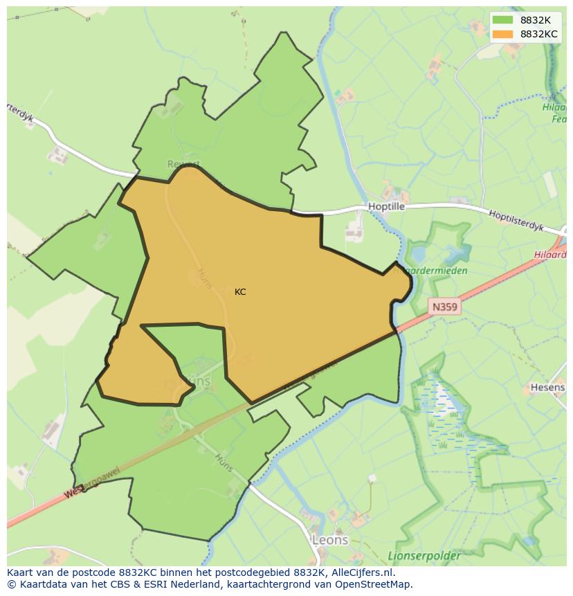 Afbeelding van het postcodegebied 8832 KC op de kaart.