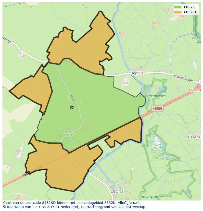 Afbeelding van het postcodegebied 8832 KD op de kaart.