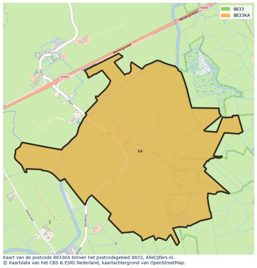 Afbeelding van het postcodegebied 8833 KA op de kaart.
