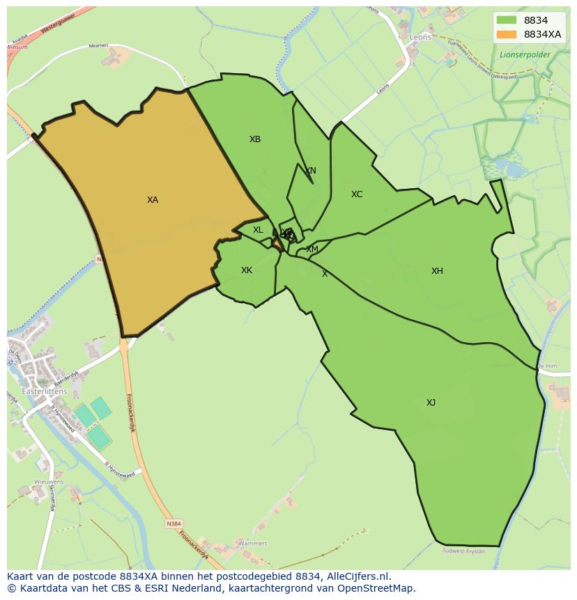 Afbeelding van het postcodegebied 8834 XA op de kaart.