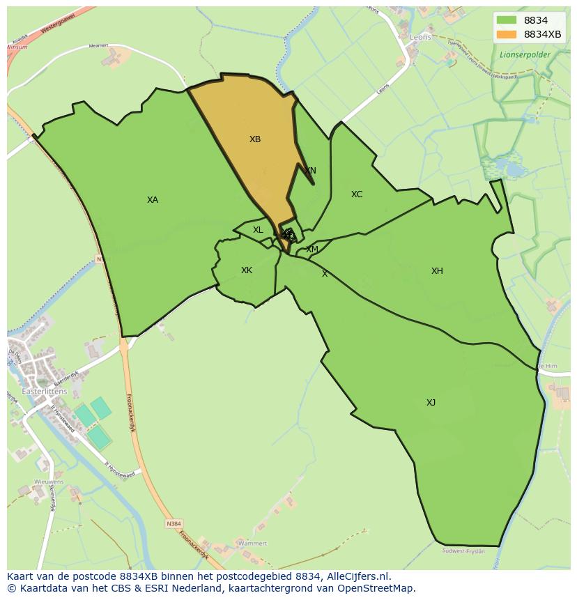 Afbeelding van het postcodegebied 8834 XB op de kaart.