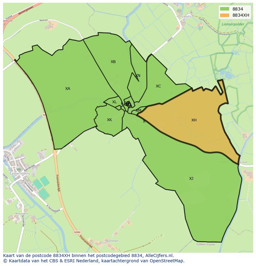 Afbeelding van het postcodegebied 8834 XH op de kaart.
