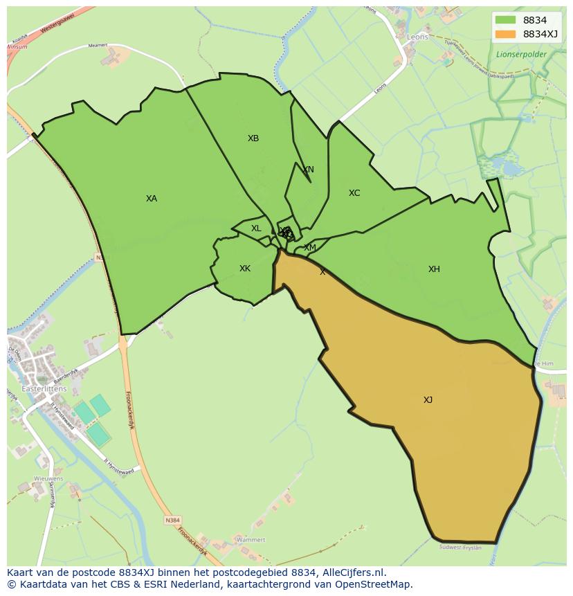 Afbeelding van het postcodegebied 8834 XJ op de kaart.