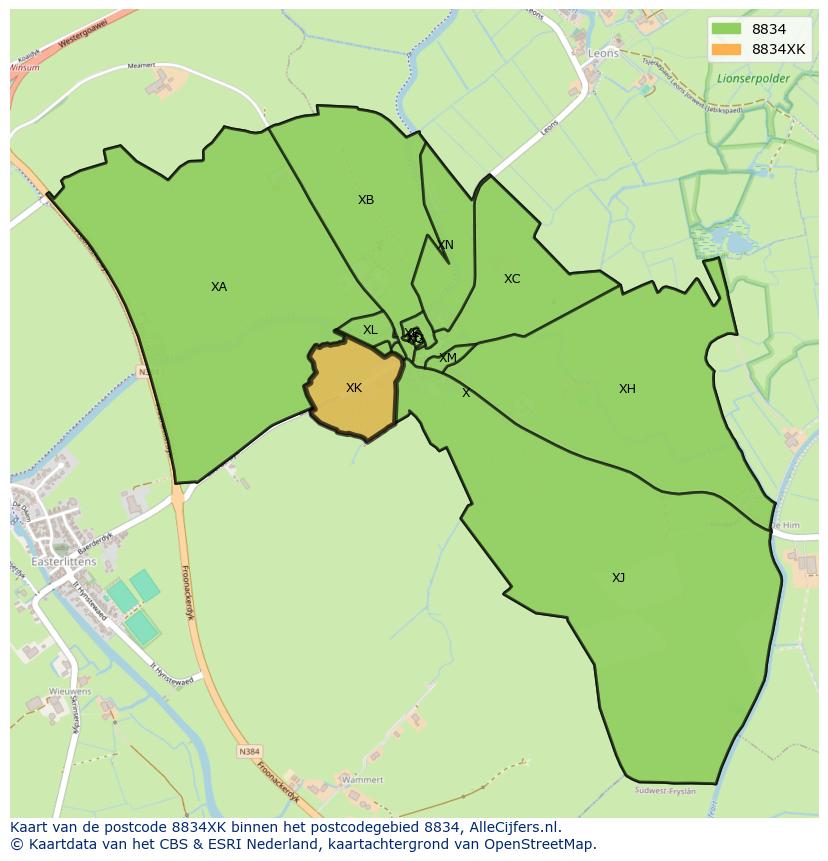 Afbeelding van het postcodegebied 8834 XK op de kaart.