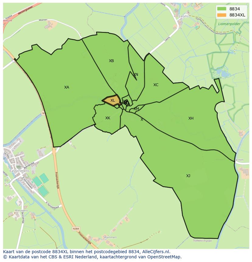 Afbeelding van het postcodegebied 8834 XL op de kaart.