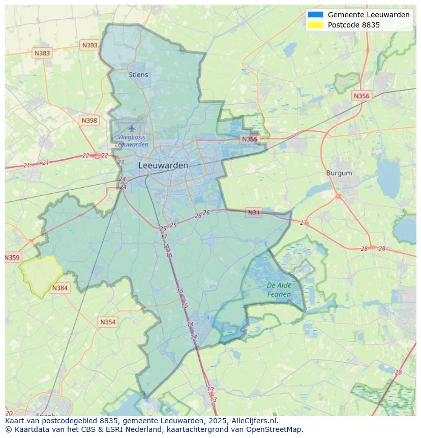 Afbeelding van het postcodegebied 8835 op de kaart.