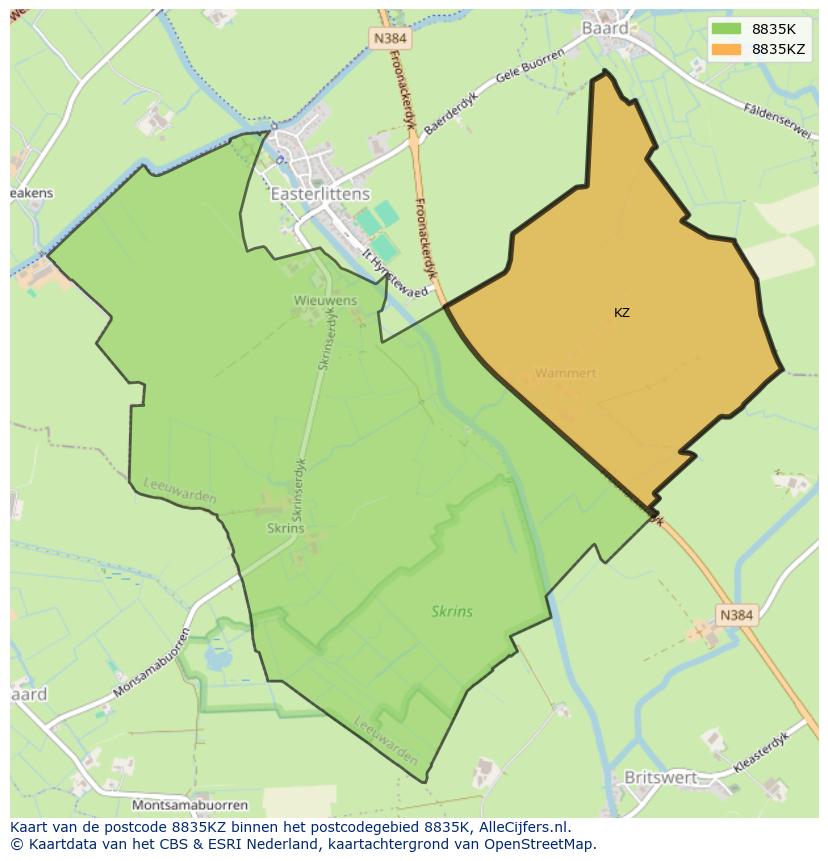 Afbeelding van het postcodegebied 8835 KZ op de kaart.
