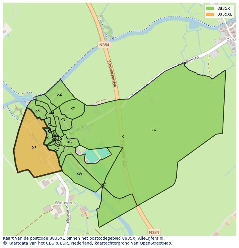 Afbeelding van het postcodegebied 8835 XE op de kaart.