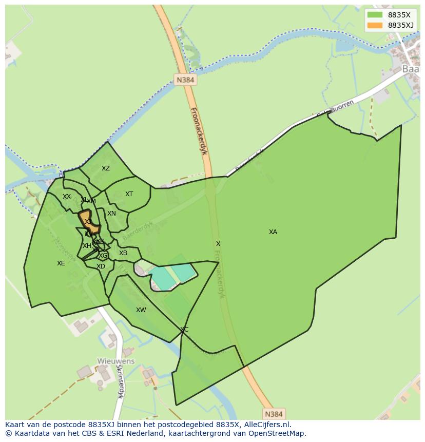 Afbeelding van het postcodegebied 8835 XJ op de kaart.