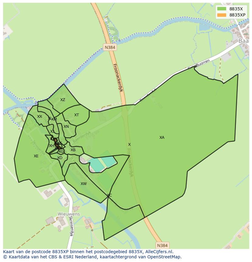 Afbeelding van het postcodegebied 8835 XP op de kaart.