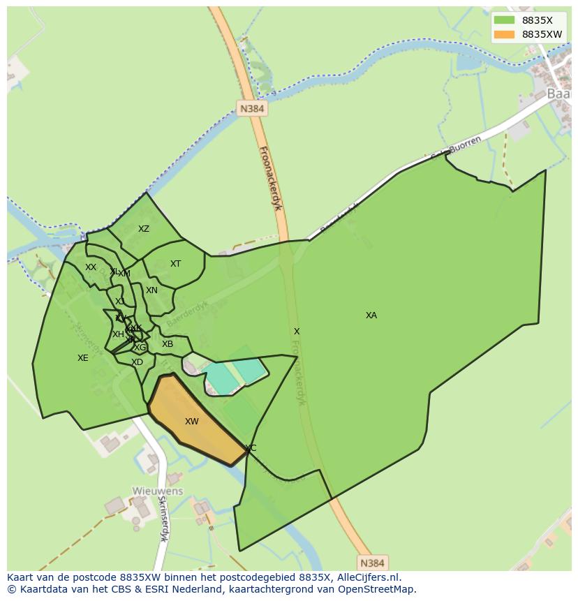 Afbeelding van het postcodegebied 8835 XW op de kaart.