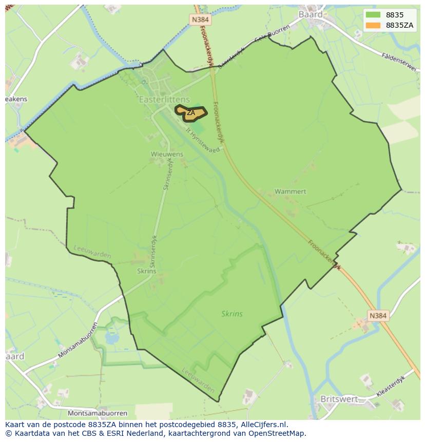 Afbeelding van het postcodegebied 8835 ZA op de kaart.