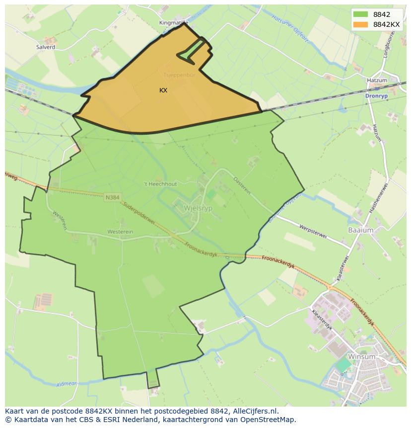 Afbeelding van het postcodegebied 8842 KX op de kaart.