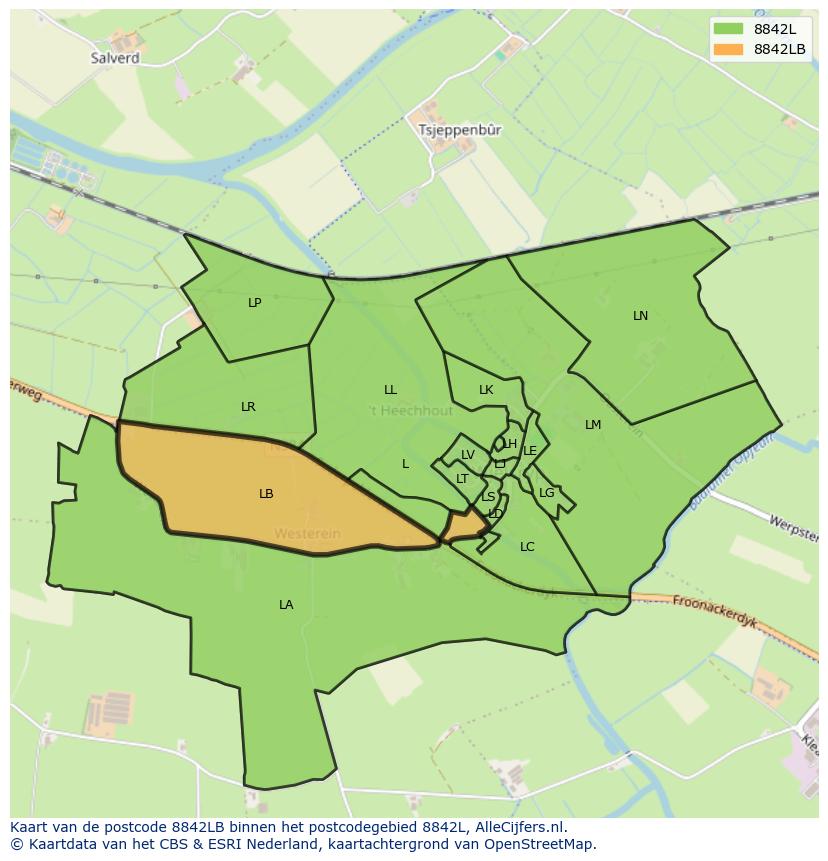 Afbeelding van het postcodegebied 8842 LB op de kaart.