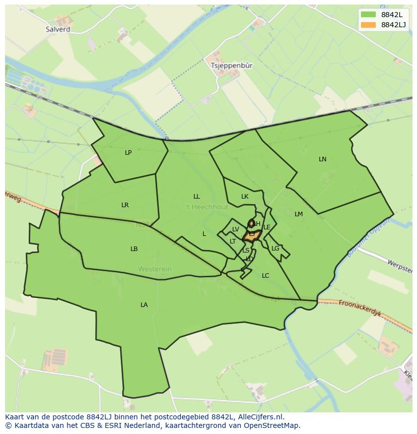 Afbeelding van het postcodegebied 8842 LJ op de kaart.