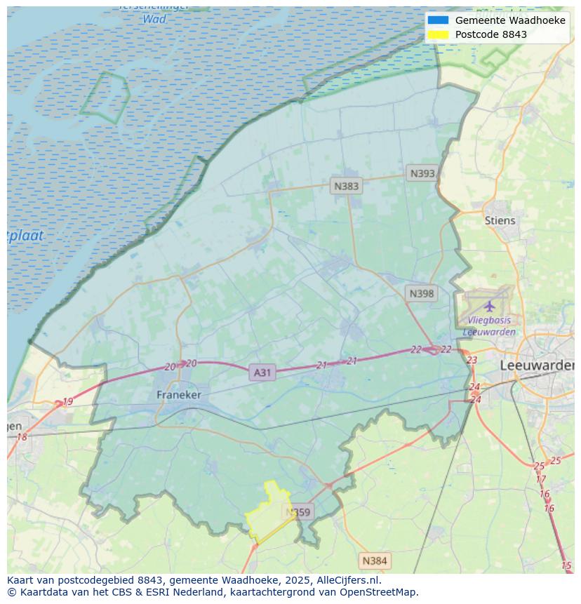 Afbeelding van het postcodegebied 8843 op de kaart.