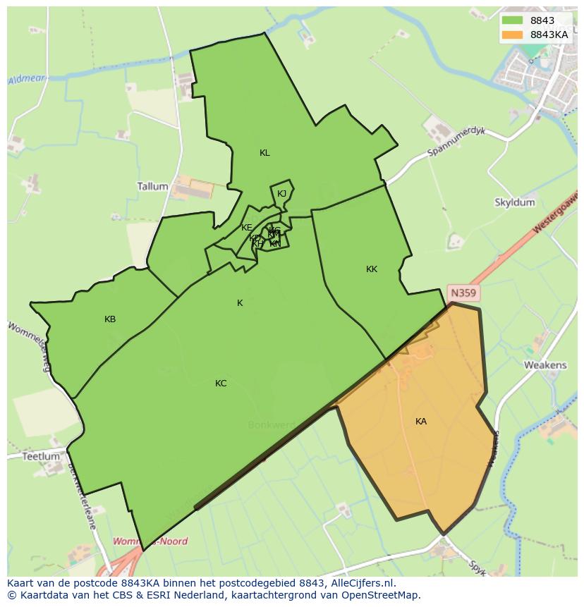 Afbeelding van het postcodegebied 8843 KA op de kaart.
