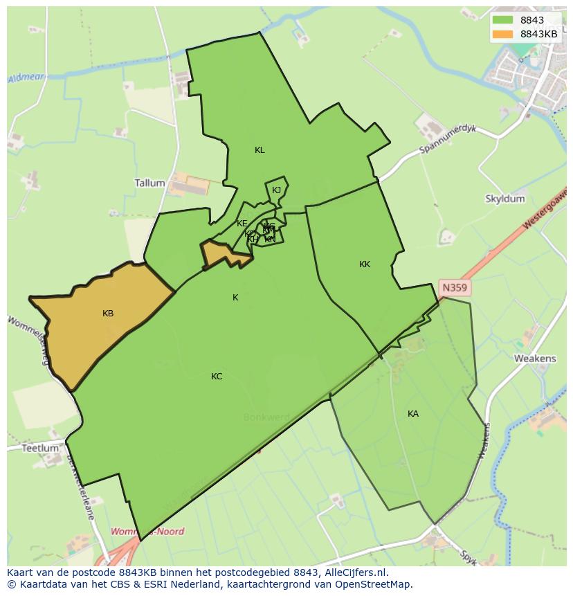 Afbeelding van het postcodegebied 8843 KB op de kaart.