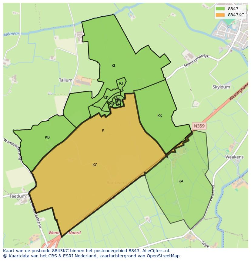 Afbeelding van het postcodegebied 8843 KC op de kaart.