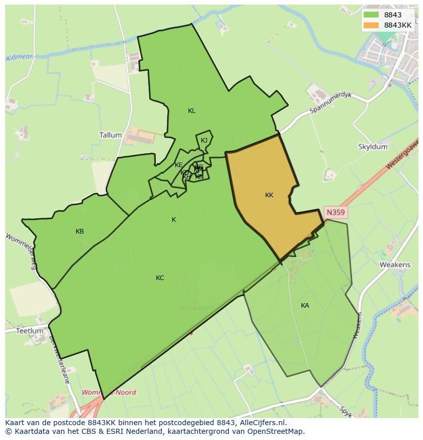 Afbeelding van het postcodegebied 8843 KK op de kaart.