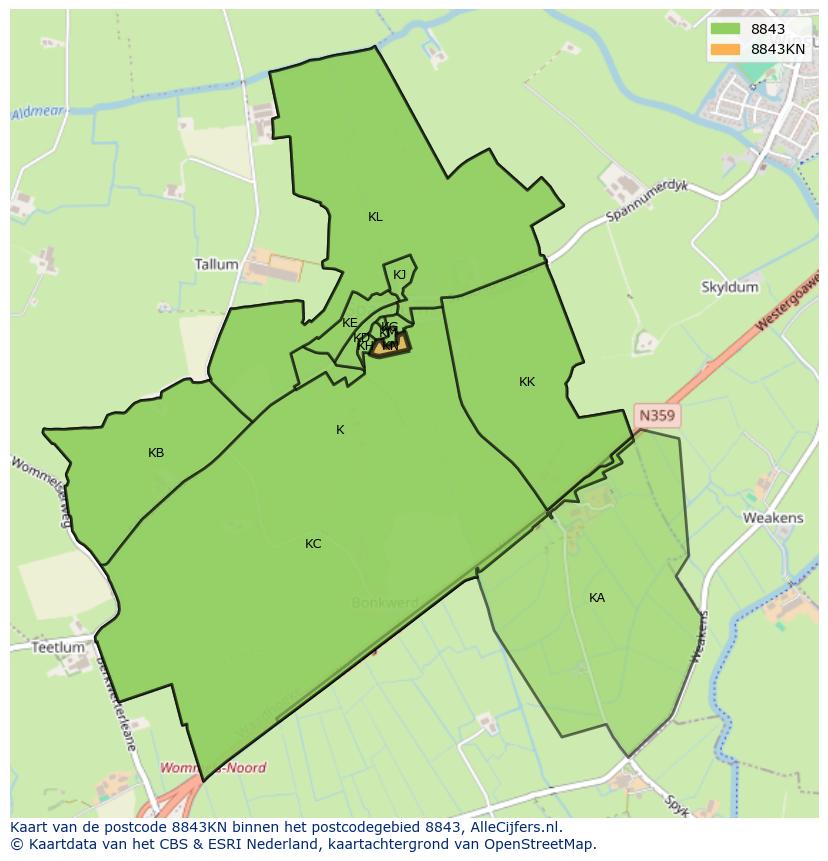 Afbeelding van het postcodegebied 8843 KN op de kaart.