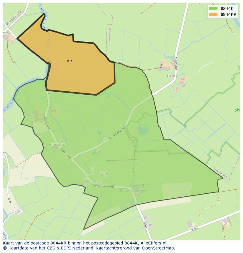 Afbeelding van het postcodegebied 8844 KR op de kaart.