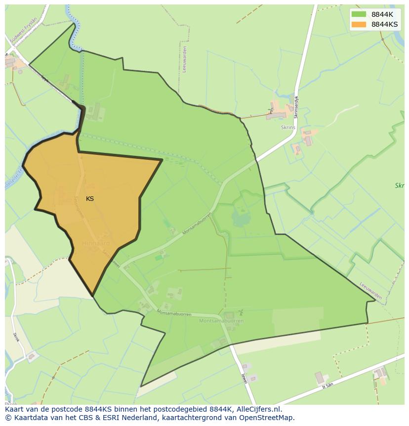Afbeelding van het postcodegebied 8844 KS op de kaart.