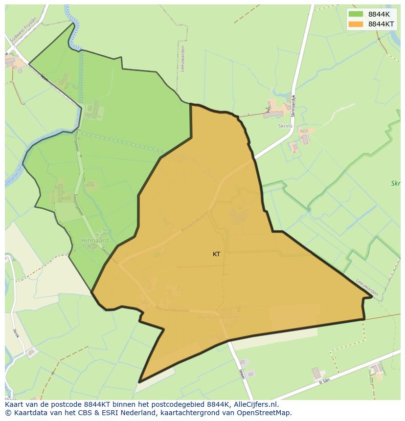 Afbeelding van het postcodegebied 8844 KT op de kaart.