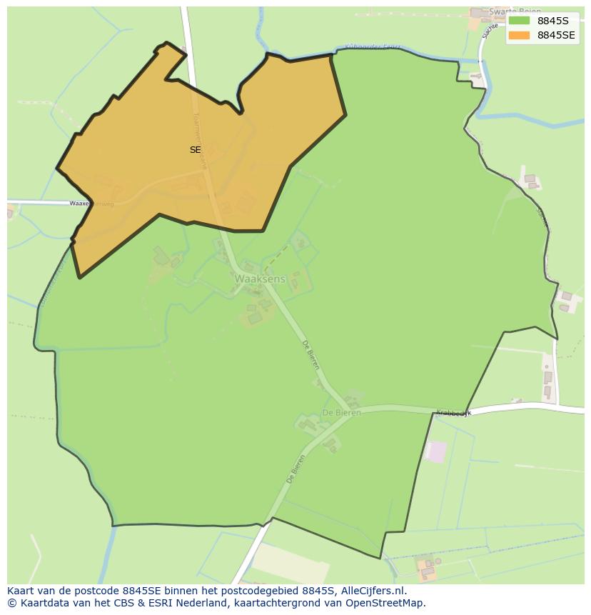 Afbeelding van het postcodegebied 8845 SE op de kaart.