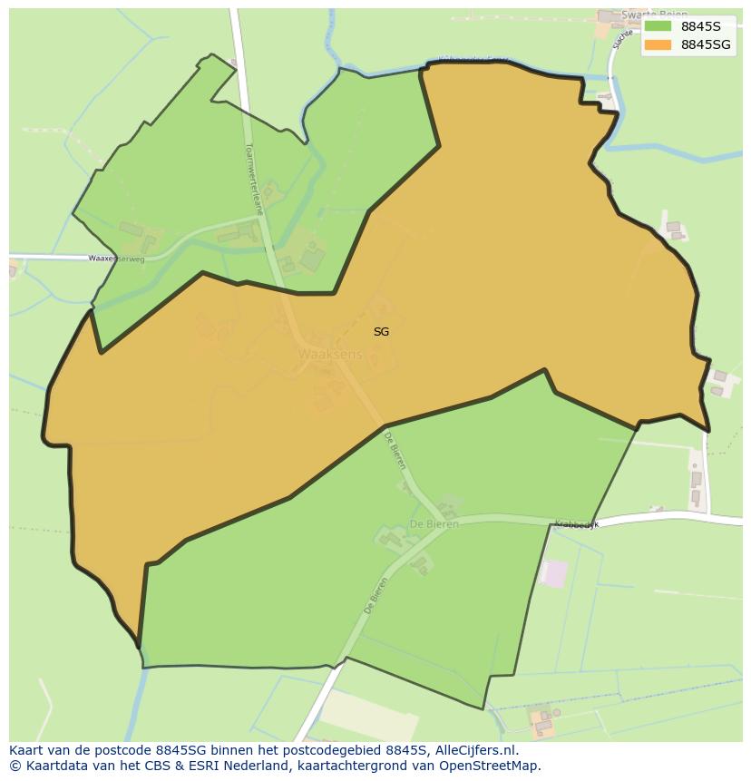 Afbeelding van het postcodegebied 8845 SG op de kaart.