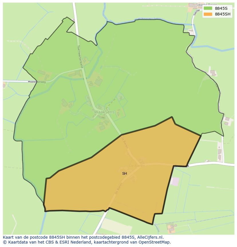 Afbeelding van het postcodegebied 8845 SH op de kaart.