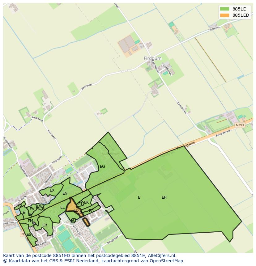 Afbeelding van het postcodegebied 8851 ED op de kaart.