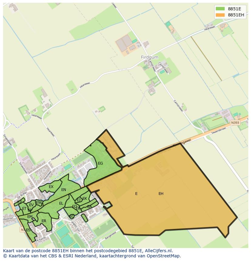 Afbeelding van het postcodegebied 8851 EH op de kaart.